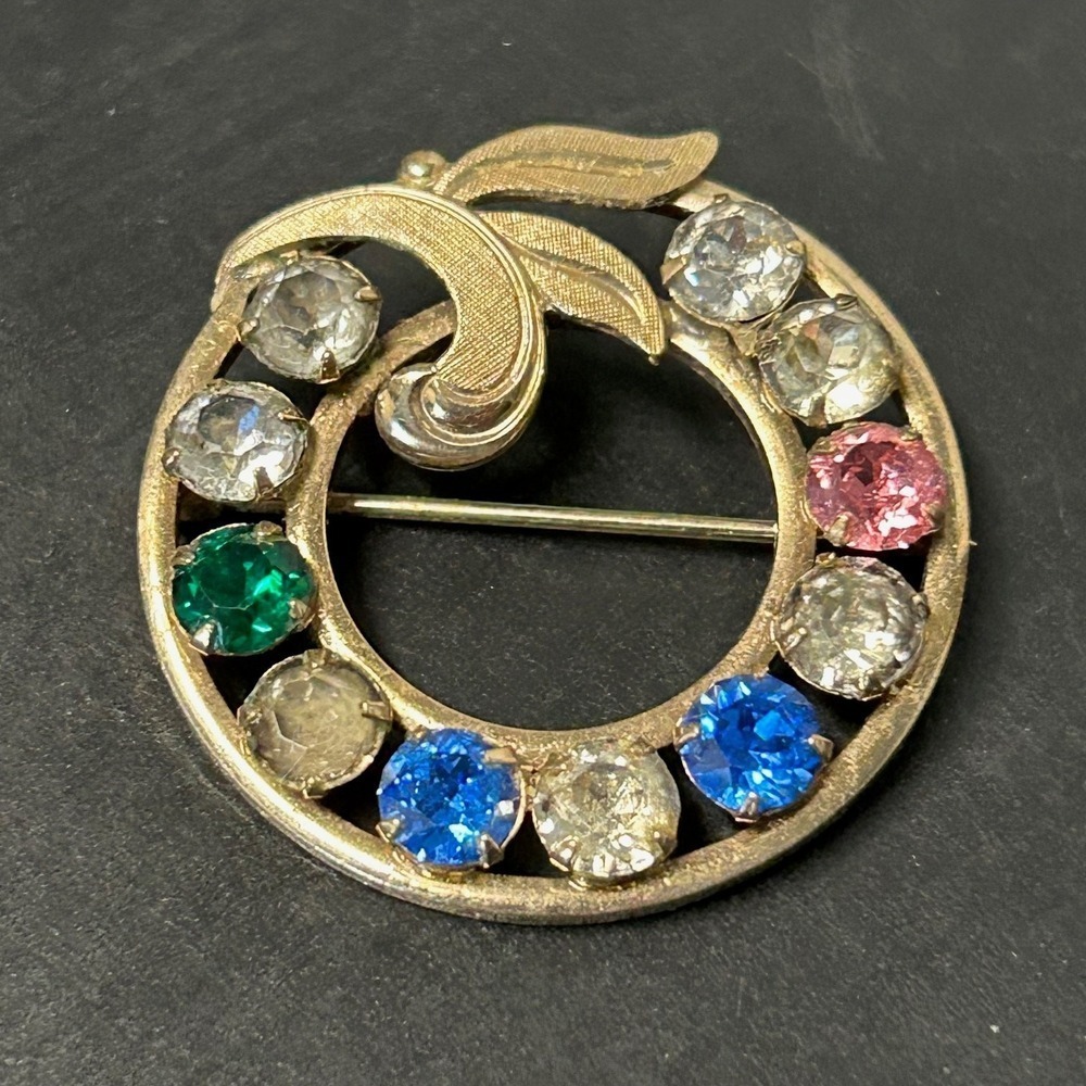 Van Dell Vintage MCM Circular Wreath Brooch Marked Gold 12K GF Rhinestone Pin